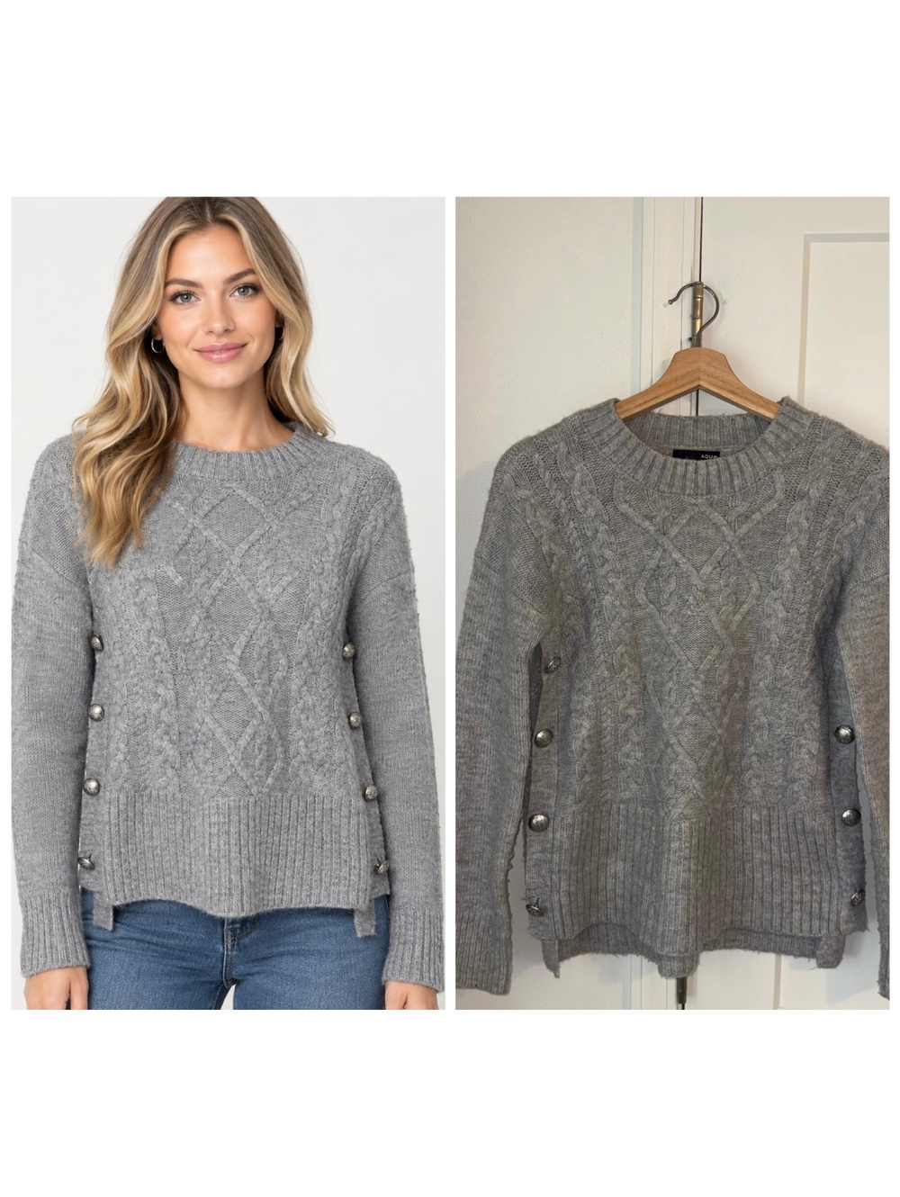 Aqua $128 Woman’s XS Gray Cable Knit Sweater with Side Button Detail XS